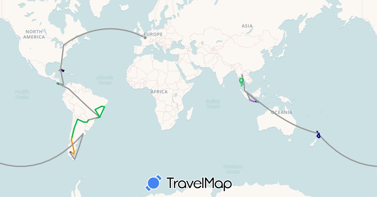 TravelMap itinerary: driving, bus, plane, train, boat, hitchhiking in Argentina, Brazil, Canada, Colombia, Costa Rica, Cuba, France, Indonesia, Malaysia, New Zealand, Panama, Singapore, Thailand (Asia, Europe, North America, Oceania, South America)